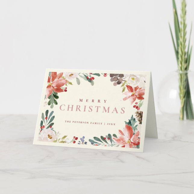 Elegant Watercolor Red Berry Poinsettia Non Photo Helgkort (Framsida)
