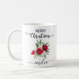 Elegant Watercolor Red Bouqet God jul Namn Kaffemugg