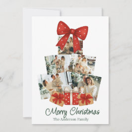 Elegant Watercolor Red Bow Family Julgran Julkort