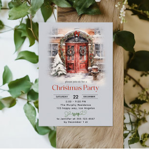 Elegant Watercolor Red Door jul Party Inbjudningar