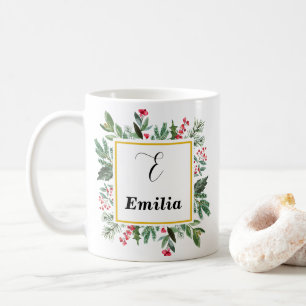 Elegant Watercolor Red jul Greenery Monogram Kaffemugg