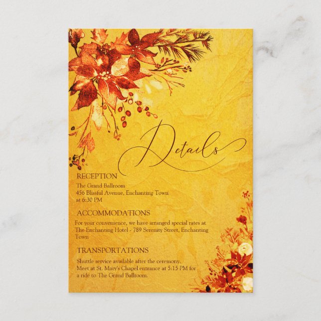 Elegant Watercolor Red och Guld Poinsettia Bröllop Tilläggskort (Framsida)