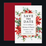 Elegant Watercolor Red Poinsettia Blommigt Greener Spara Datumet<br><div class="desc">Elegant Watercolor Poinsettia Blommigt Greenery Save Date Bröllop Annocement Card omfattar röda poinsettias,  eukalyptus löv,  gräs cones,  gräs nål,  bomull,  hollybär och andra vackra botaniska grönområden på vintern. Guld Ram. Rödryggen.</div>