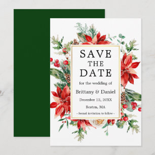 Elegant Watercolor Red Poinsettia Blommigt Grönt Spara Datumet
