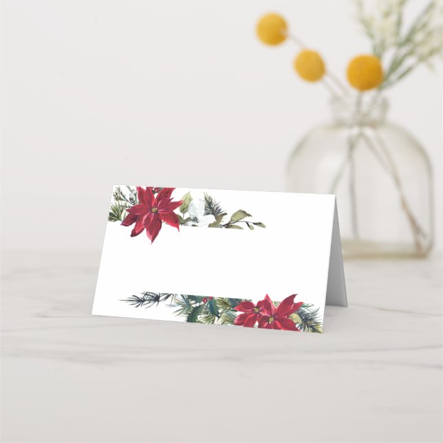 Elegant Watercolor Red Poinsettia Bröllop Bord Placeringskort (Framsida)