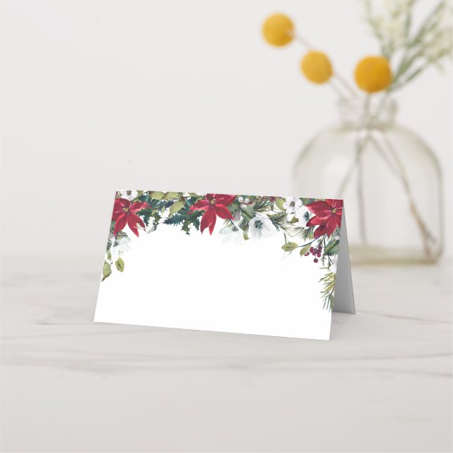 Elegant Watercolor Red Poinsettia Bröllop Bord Placeringskort (Framsida)