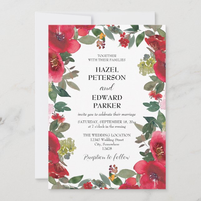Elegant Watercolor Red Rose Floral Wedding Inbjudningar (Framsida)