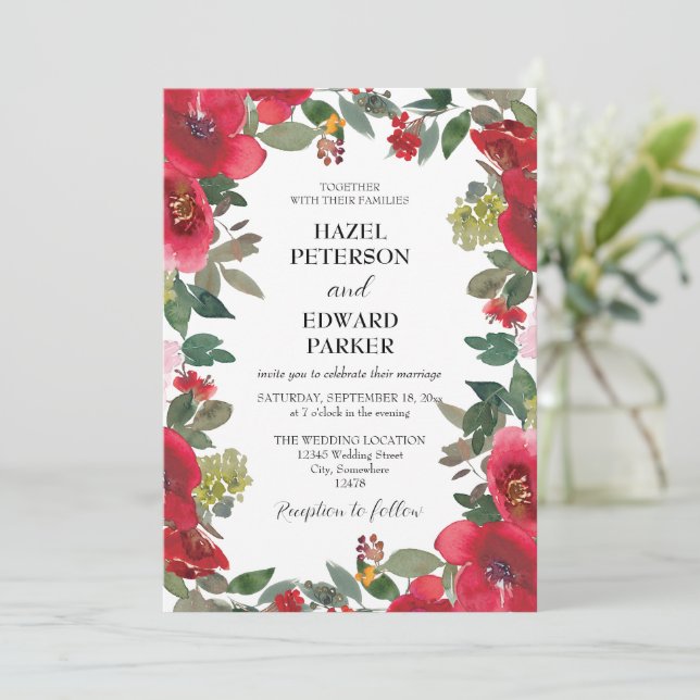 Elegant Watercolor Red Rose Floral Wedding Inbjudningar (Stående Fram)