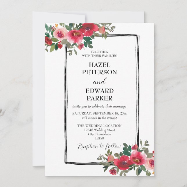 Elegant Watercolor Red Rose Floral Wedding Inbjudningar (Framsida)