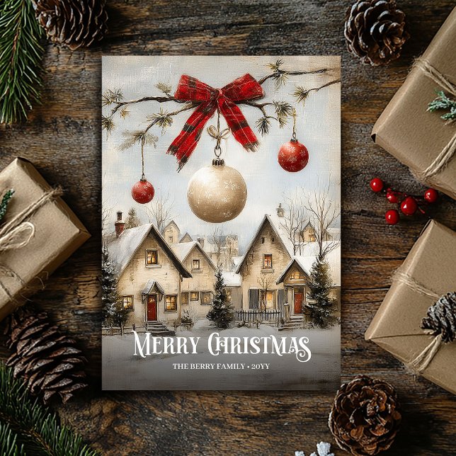 Elegant Watercolor Red White Christmas Scene Card Julkort (Elegant Watercolor Red White Christmas Scene Card)