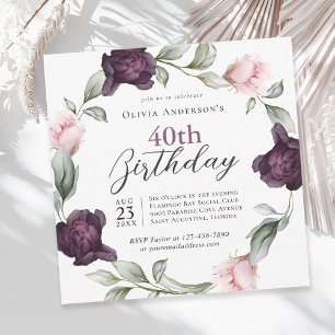 Elegant Watercolor Ro Blommigt 40 födelsedagar Inbjudningar