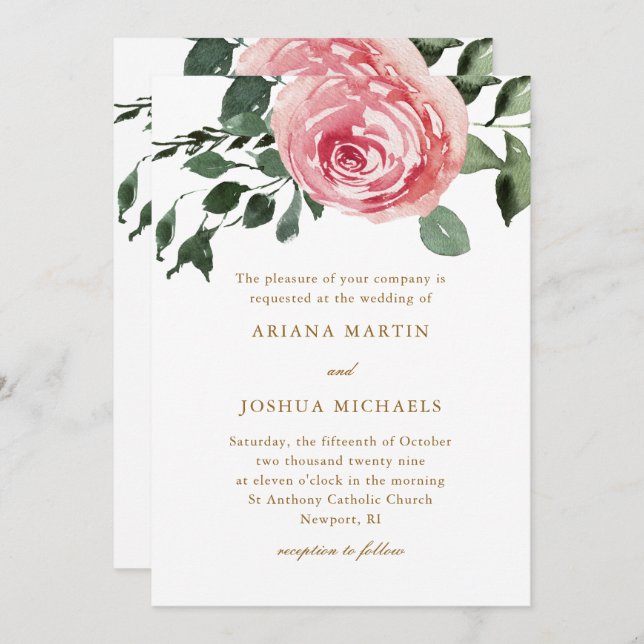Elegant Watercolor Ro bröllopsinbjudan Inbjudningar (Fram/baksida)