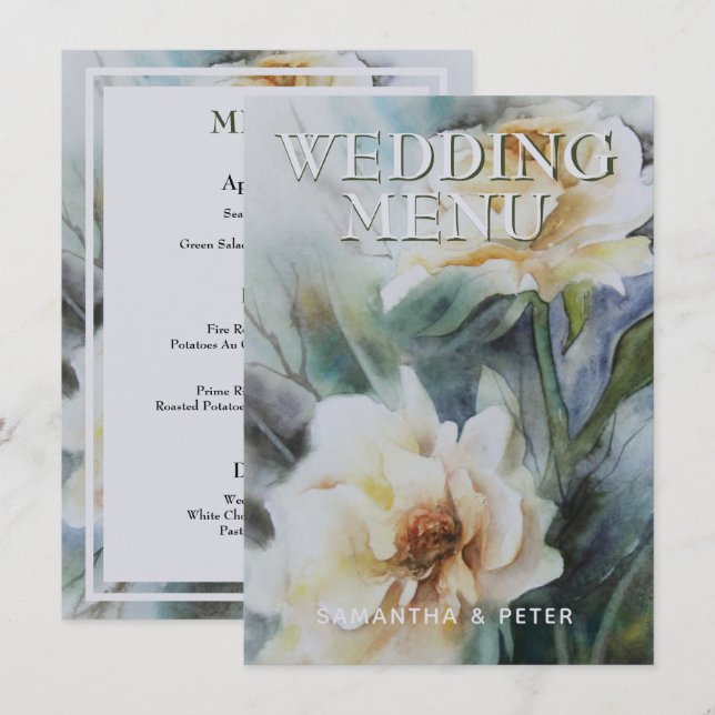 Elegant Watercolor Ro Cream and Sage Grönt Meny (Fram/baksida)