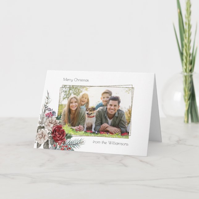 Elegant Watercolor Ro, Gräs & Guld Ram Photo Helgkort (Framsida)