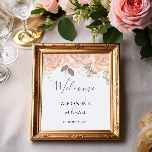Elegant Watercolor Ro Guld Greenery Foliage Poster (Blush pink and light blue wedding welcome sign)