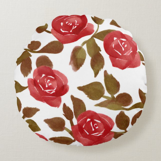 Elegant Watercolor Röd ros Bouquet Round Pillow Rund Kudde (Framsidan)