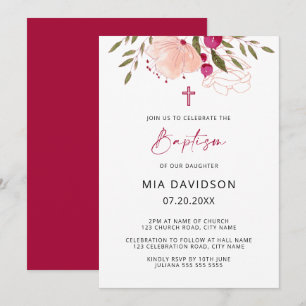 Elegant Watercolor Rosa Blommigt Girl Baptism Invi Inbjudningar