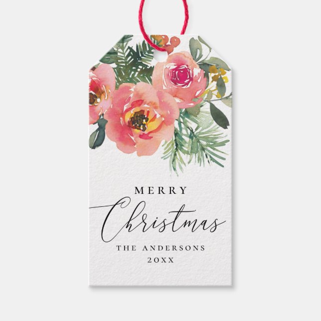 Elegant Watercolor Rosa Blommigt God jul Presentetikett (Framsidan)