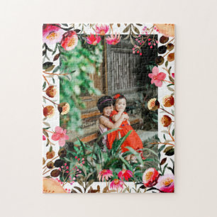Elegant Watercolor Rosa Blommigt Greenery Photo Pussel
