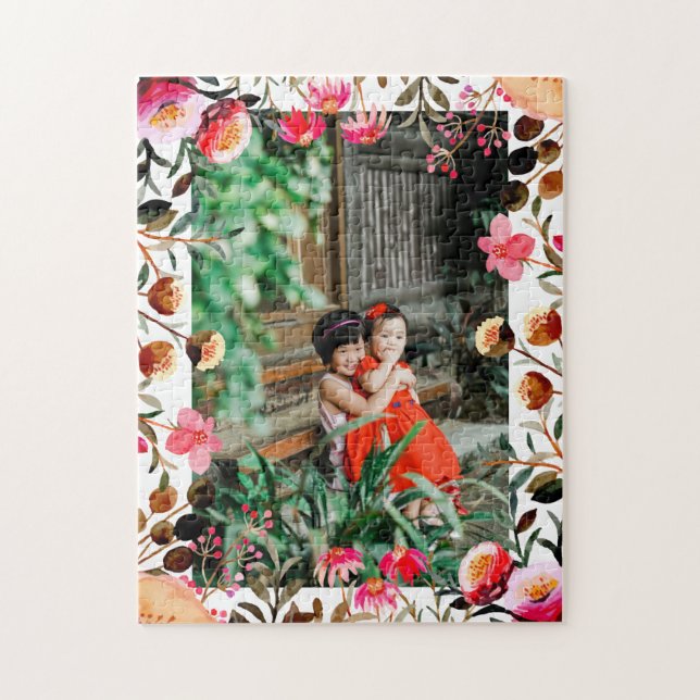 Elegant Watercolor Rosa Blommigt Greenery Photo Pussel (Vertikal)