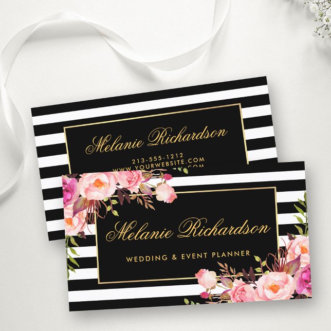 Elegant Watercolor Rosa Blommigt Guld Black Stripe Visitkort (Customize to change text size, color or text style.)