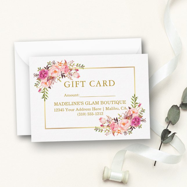 Elegant Watercolor Rosa Blommigt Guld Gift Card Anteckningskort (Customize to change text size, style, color or to add text to back of card.)