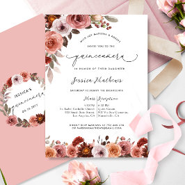 Elegant Watercolor Rosa Blommigt Quinceañera Inbjudningar