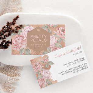 Elegant Watercolor Rosa Botanical Peony Glitter Visitkort
