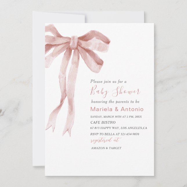 Elegant Watercolor Rosa Bow Girl Baby Shower Inbjudningar (Framsida)