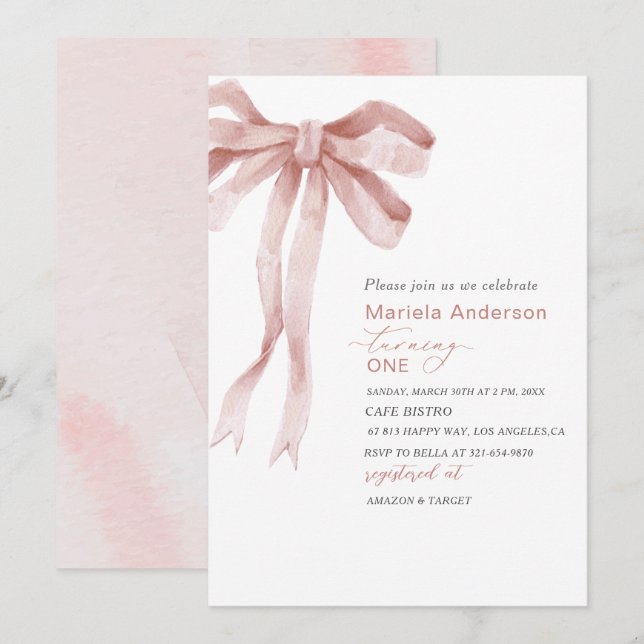 Elegant Watercolor Rosa Bow Girl Baby Shower Invi Inbjudningar (Fram/baksida)