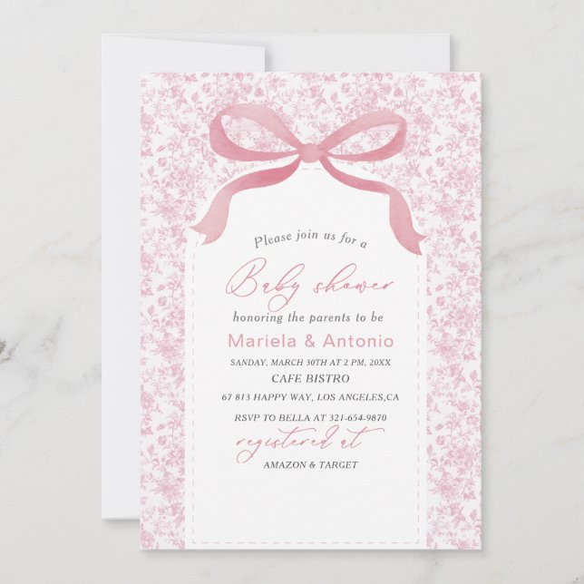 Elegant Watercolor Rosa Bow Girl Baby Shower Invi Inbjudningar (Framsida)