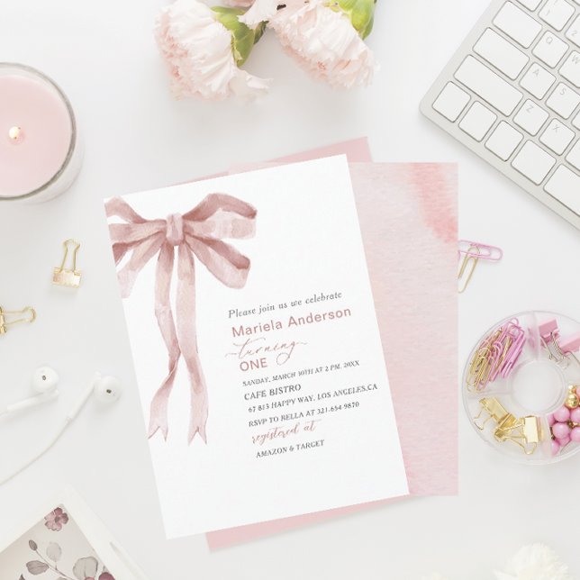 Elegant Watercolor Rosa Bow Girl Baby Shower Invi Inbjudningar (Skapare uppladdad)