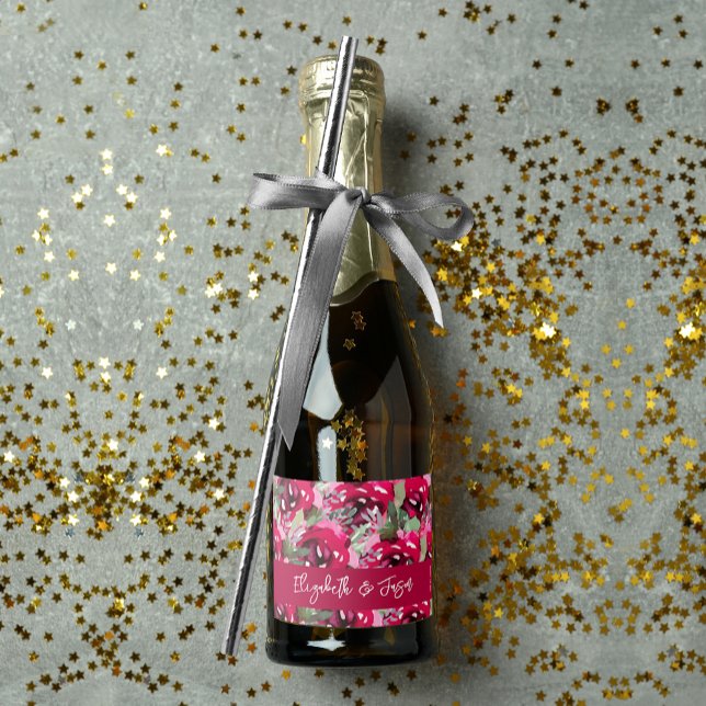 Elegant Watercolor Rosa Flowers Bröllop Mini (Elegant watercolor pink flowers mini sparkling wine labels personalized for your wedding)