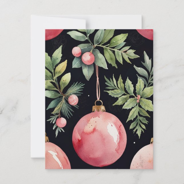 Elegant Watercolor Rosa Greenery Bauble jul Julkort (Framsida)