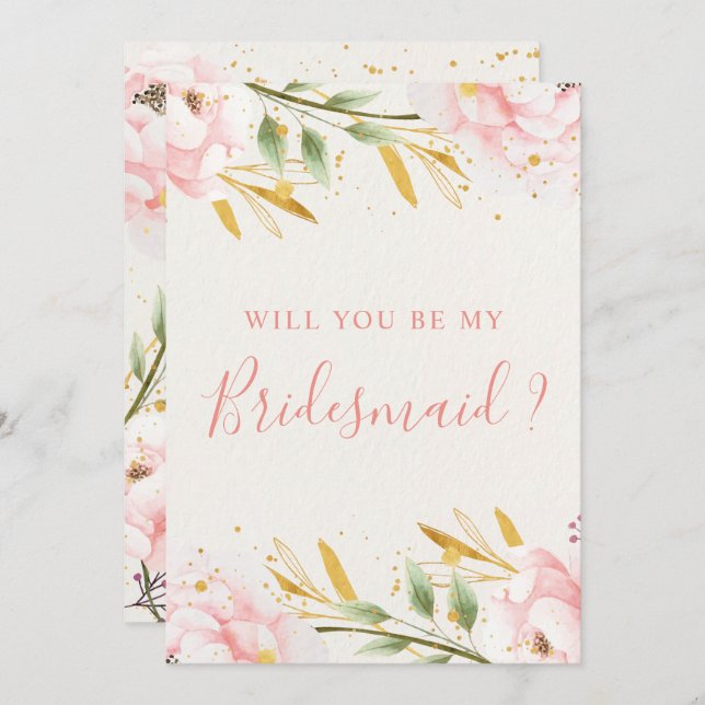 Elegant Watercolor Rosa & Guld Bridesmaid Frieri Inbjudningar (Fram/baksida)