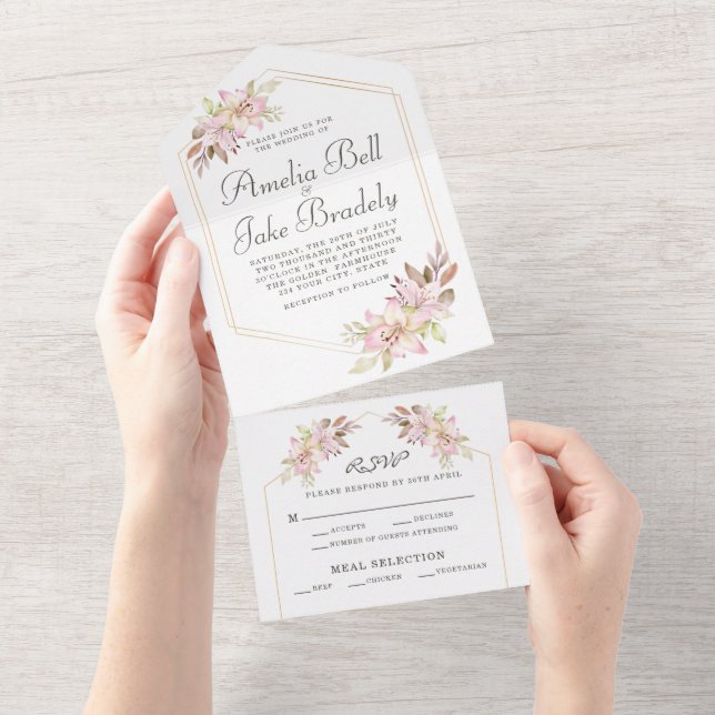 Elegant Watercolor  Rosa Lilies Bröllop (Tearaway)