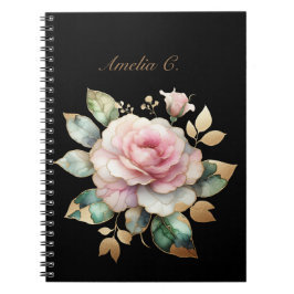 Elegant Watercolor Rosa ros Black Notebook Anteckningsbok