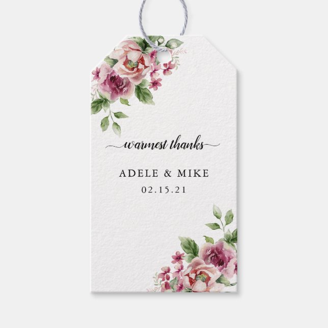 Elegant Watercolor Rosa ros Bouquet Bröllop Presentetikett (Framsidan)