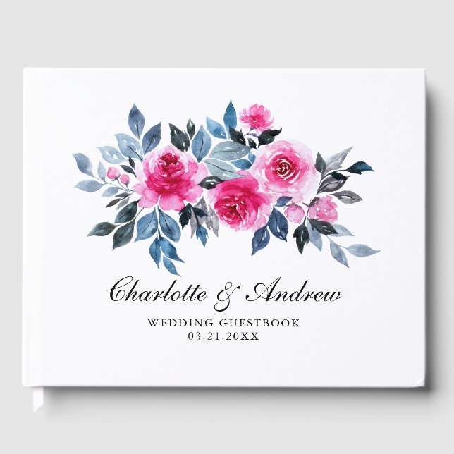 Elegant Watercolor Rosa ros Bröllop Gästböcker (Framsida)