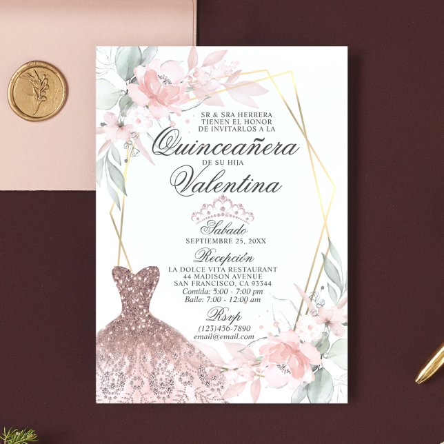 Elegant Watercolor Rosa Spain Quinceañera Quince Inbjudningar (Skapare uppladdad)