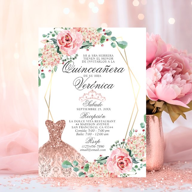 Elegant Watercolor Rosa Spain Quinceañera Quince Inbjudningar (Elegant Watercolor Pink Spanish Quinceañera Quince Invitation)