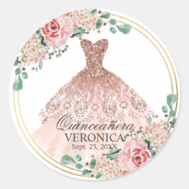 Elegant Watercolor Rosa Spain Quinceañera Quince Runt Klistermärke