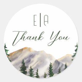 Elegant Watercolor Rustic Mountains Bröllop Runt Klistermärke