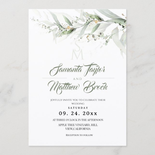 Elegant Watercolor Sage Greenery Floral Wedding Inbjudningar (Framsida)