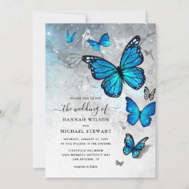Elegant Watercolor Silver Blue Butterfly Bröllop Inbjudningar