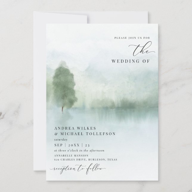Elegant Watercolor Sjö och Träd Bröllop invigati Inbjudningar (Framsida)