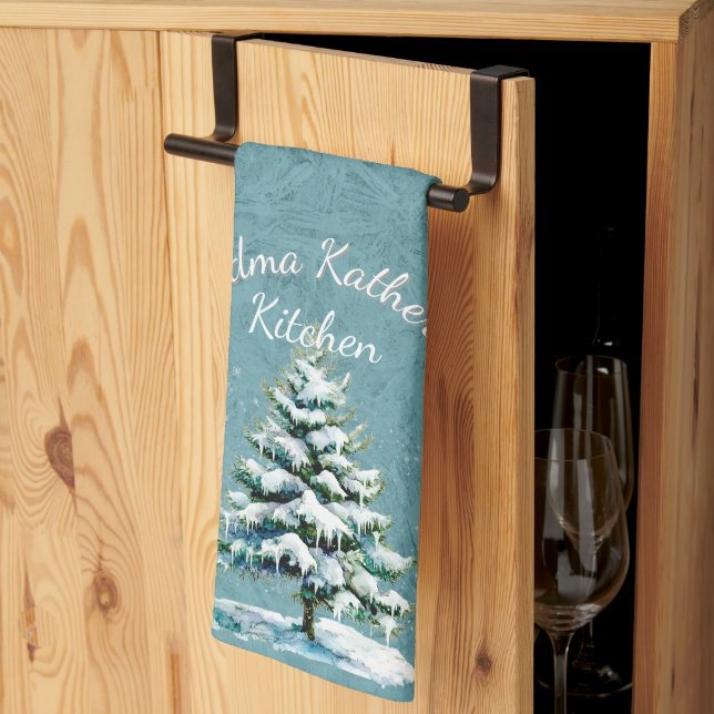 Elegant Watercolor Snowy Spruce Träd Grandma Kökshandduk (Thirds Fold)