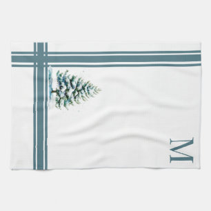 Elegant Watercolor Snowy Spruce Träd Monogrammed Kökshandduk