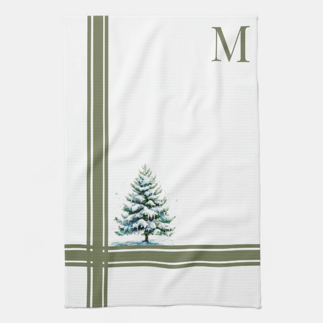 Elegant Watercolor Snowy Spruce Träd Monogrammed Kökshandduk (Vertikal)