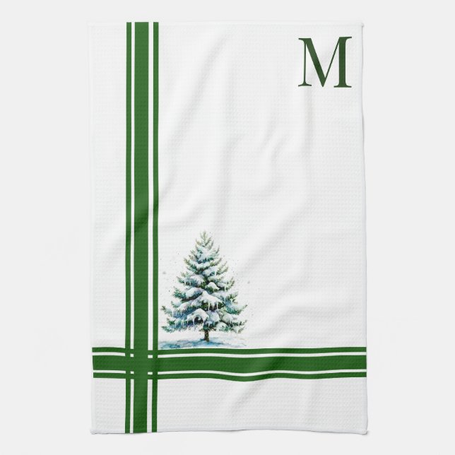 Elegant Watercolor Snowy Spruce Träd Monogrammed Kökshandduk (Vertikal)